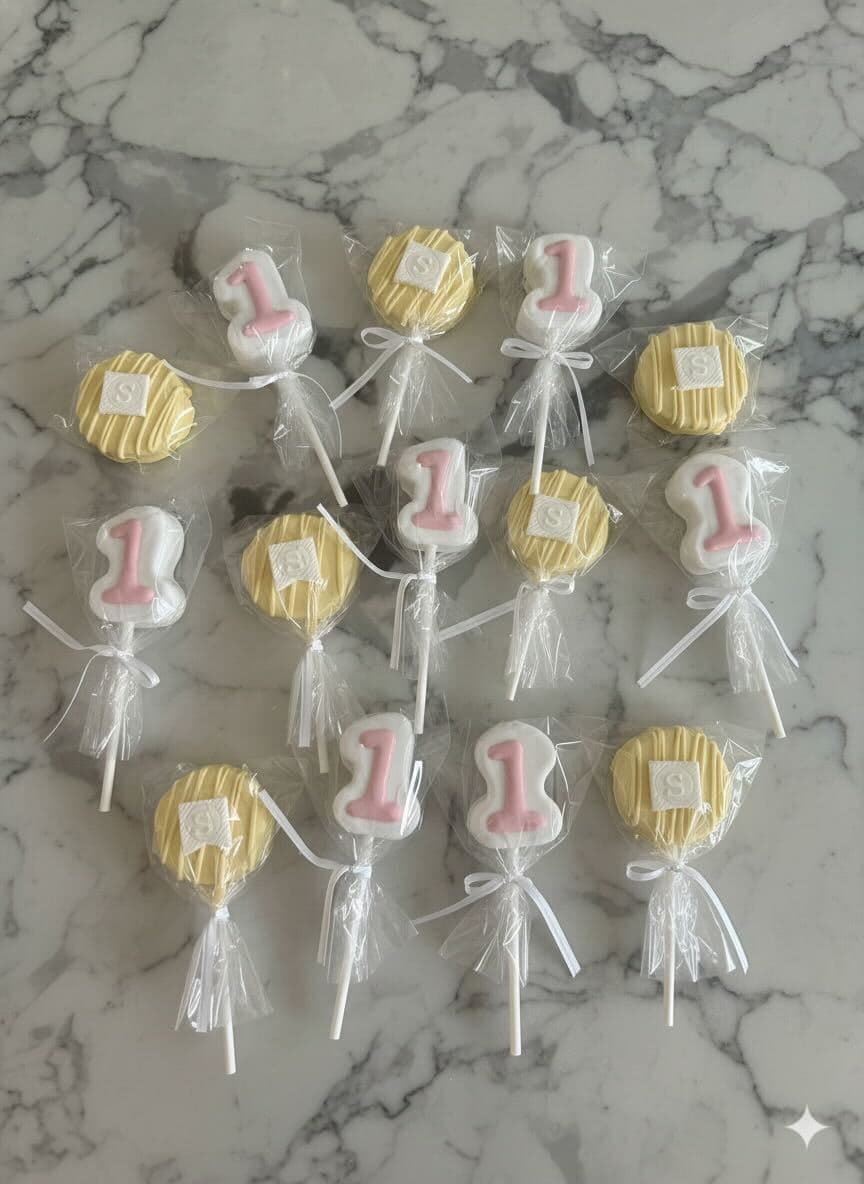 First birthday cake pops with pink "1" toppers and monogram on marble