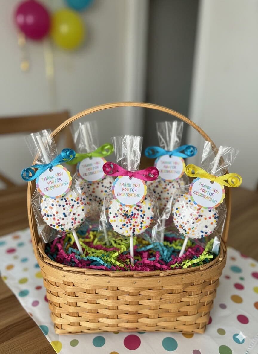 Basket of sprinkle cake pops with "Thank you for celebrating" favor tags